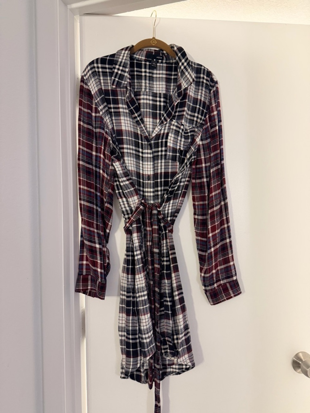 AQUA plaid midi long sleeve button down shirt dress Large